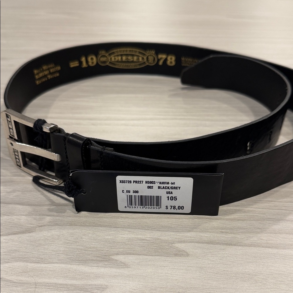Diesel Black Leather Belt with Silver Buckle